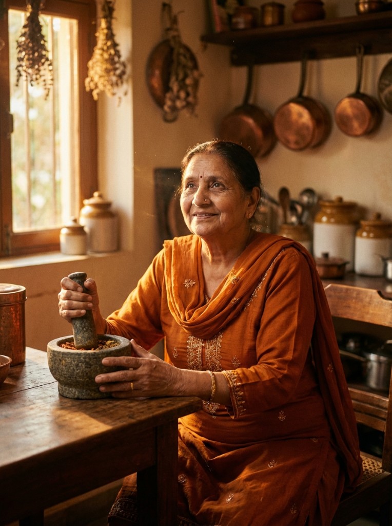 Indian grandmother grinding spices in a traditional kitchen